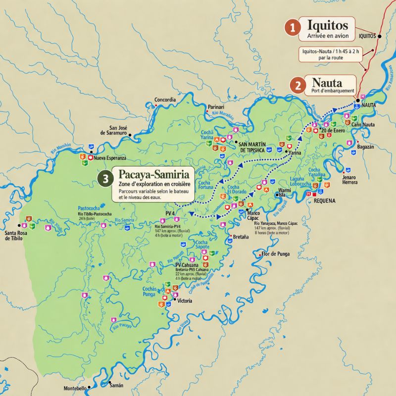 Carte de la r&eacute;gion d&rsquo;Iquitos pour situer l&rsquo;acc&egrave;s aux fleuves amazoniens et aux croisi&egrave;res