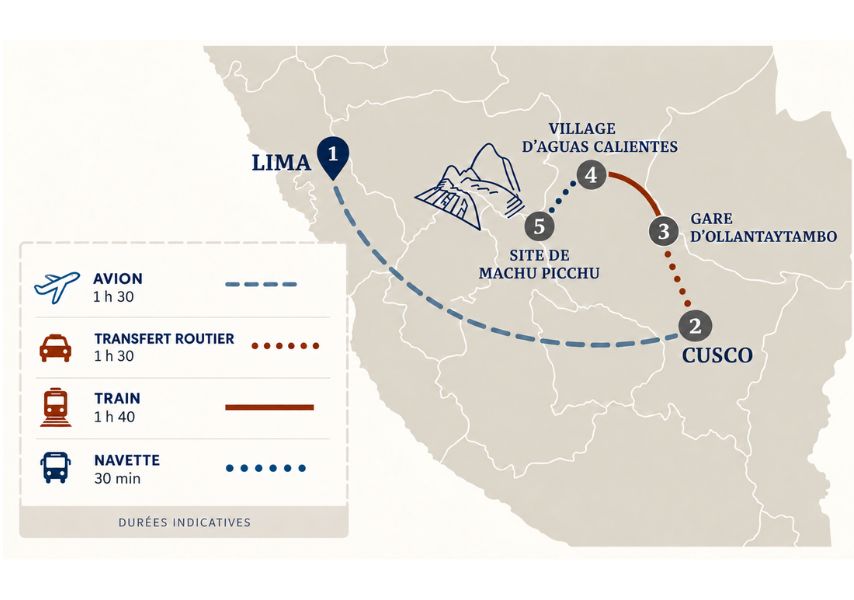 Carte des acc&egrave;s au Machu Picchu : route de Cusco &agrave; Ollantaytambo, train vers Aguas Calientes, puis bus jusqu&rsquo;au site